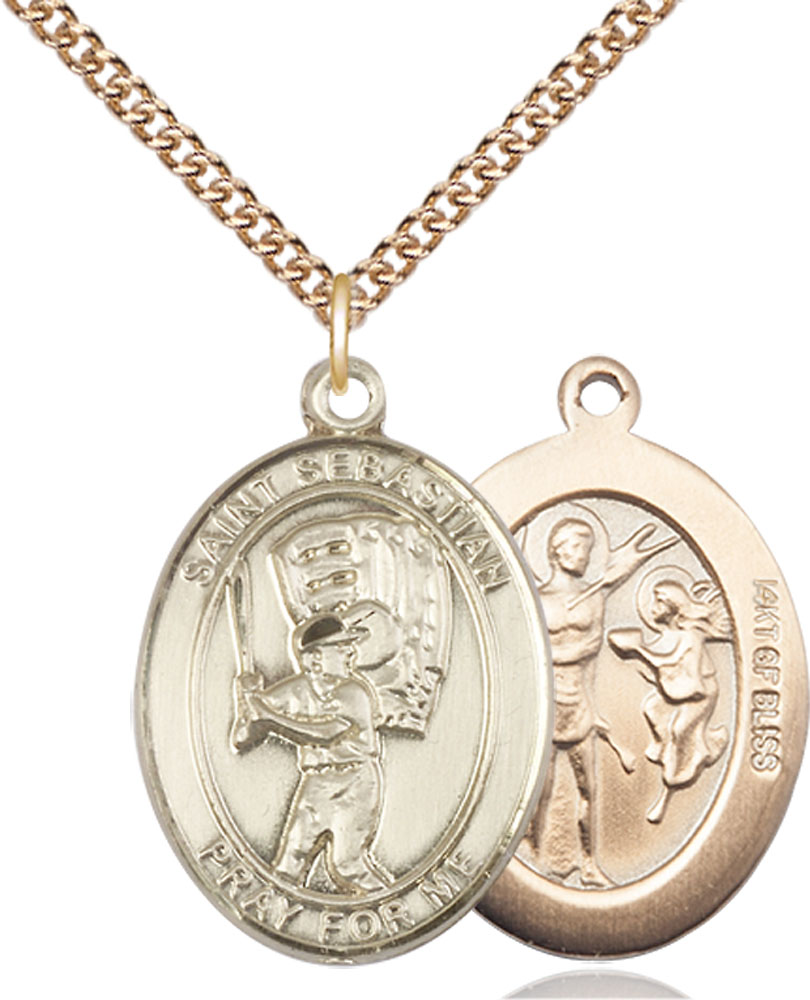 14kt Gold Filled Saint Sebastian Baseball Pendant on a 24 inch Gold Filled Heavy Curb chain