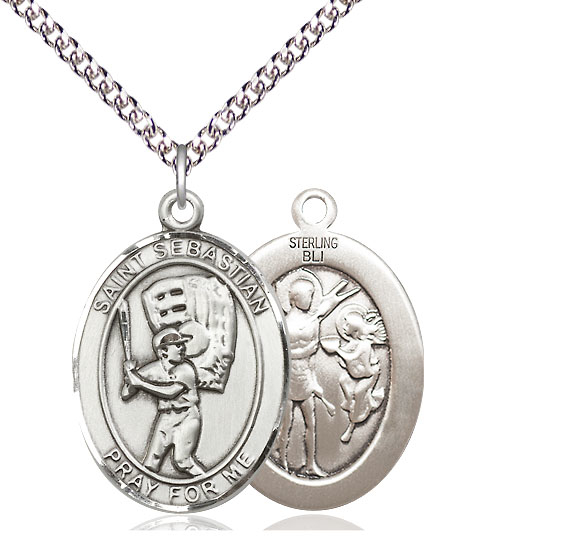 Sterling Silver Saint Sebastian Baseball Pendant on a 24 inch Sterling Silver Heavy Curb chain