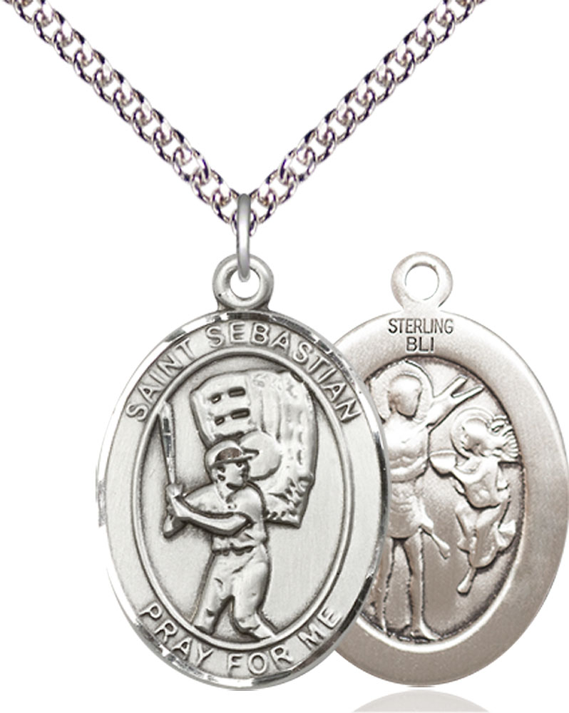 Sterling Silver Saint Sebastian Baseball Pendant on a 24 inch Sterling Silver Heavy Curb chain