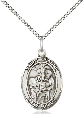 Sterling Silver Saint Jerome Pendant on a 18 inch Sterling Silver Light Curb chain