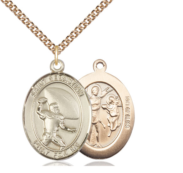 14kt Gold Filled Saint Sebastian Football Pendant on a 24 inch Gold Filled Heavy Curb chain