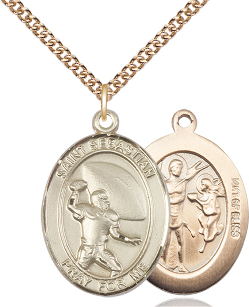 14kt Gold Filled Saint Sebastian Football Pendant on a 24 inch Gold Filled Heavy Curb chain