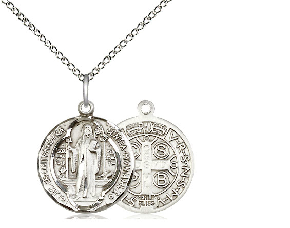 Sterling Silver Saint Benedict Pendant on a 18 inch Sterling Silver Light Curb chain