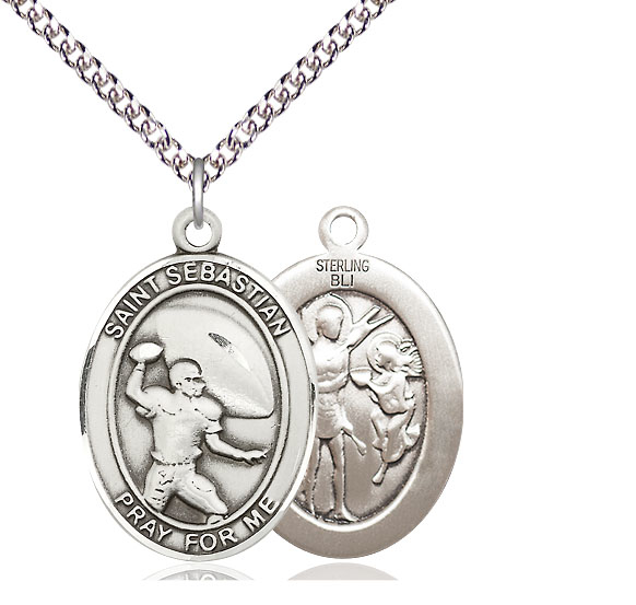 Sterling Silver Saint Sebastian Football Pendant on a 24 inch Sterling Silver Heavy Curb chain