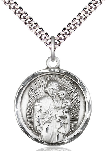 Sterling Silver Saint Joseph Pendant on a 24 inch Light Rhodium Heavy Curb chain