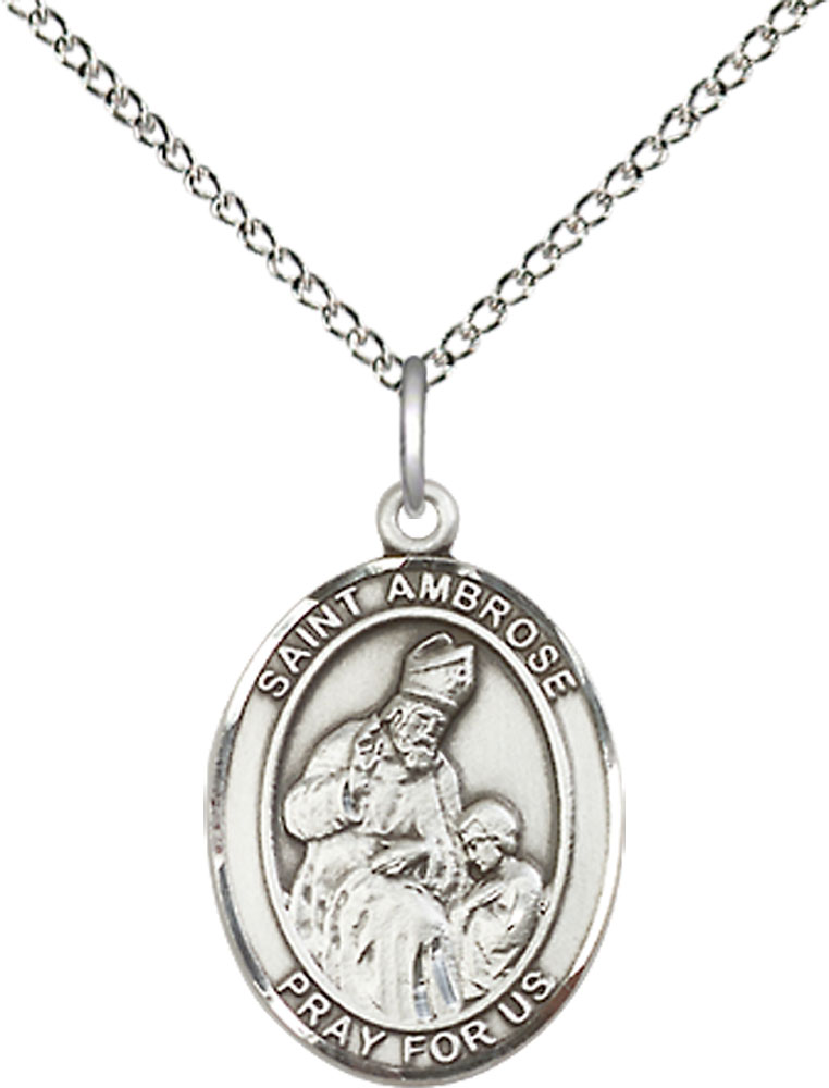Sterling Silver Saint Ambrose Pendant on a 18 inch Sterling Silver Light Curb chain