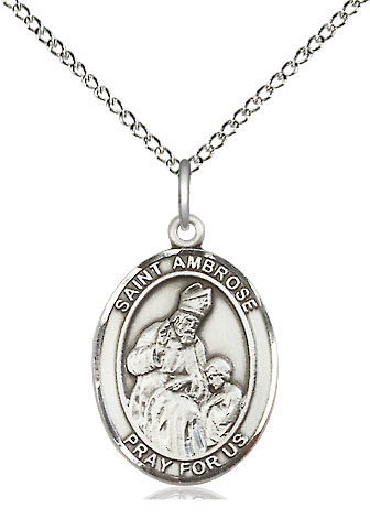 Sterling Silver Saint Ambrose Pendant on a 18 inch Sterling Silver Light Curb chain