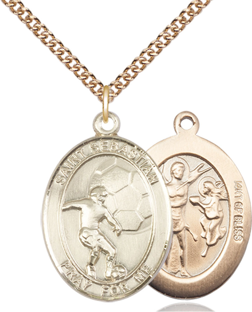 14kt Gold Filled Saint Sebastian Soccer Pendant on a 24 inch Gold Filled Heavy Curb chain