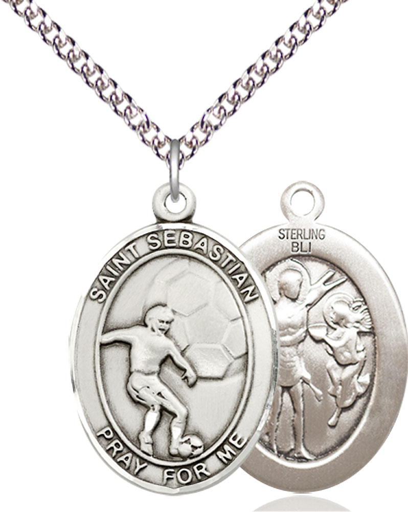 Sterling Silver Saint Sebastian Soccer Pendant on a 24 inch Sterling Silver Heavy Curb chain