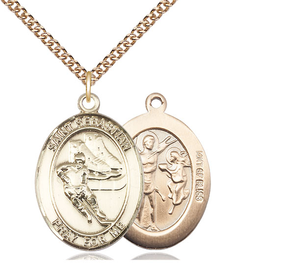 14kt Gold Filled Saint Sebastian Hockey Pendant on a 24 inch Gold Filled Heavy Curb chain