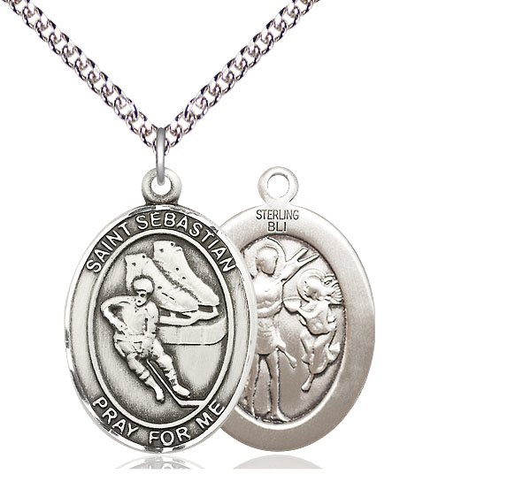 Sterling Silver Saint Sebastian Hockey Pendant on a 24 inch Sterling Silver Heavy Curb chain