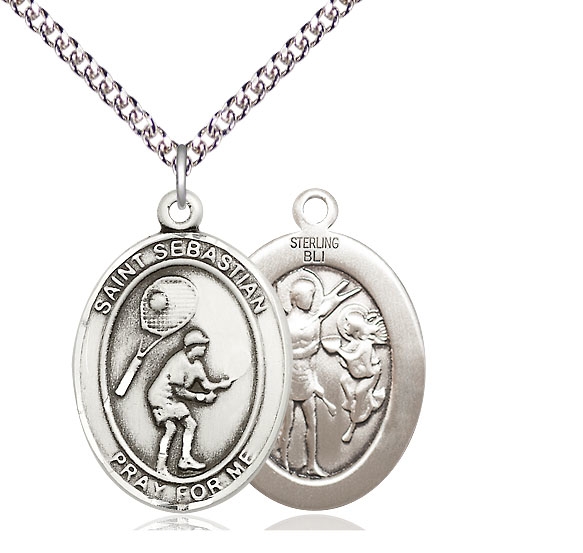 Sterling Silver Saint Sebastian Tennis Pendant on a 24 inch Sterling Silver Heavy Curb chain