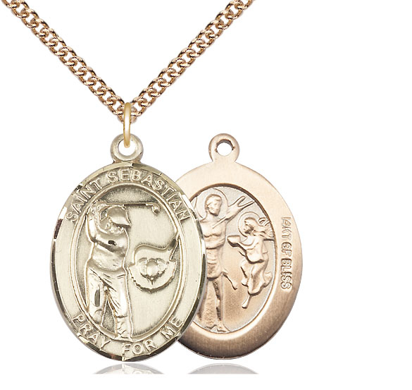 14kt Gold Filled Saint Sebastian Golf Pendant on a 24 inch Gold Filled Heavy Curb chain