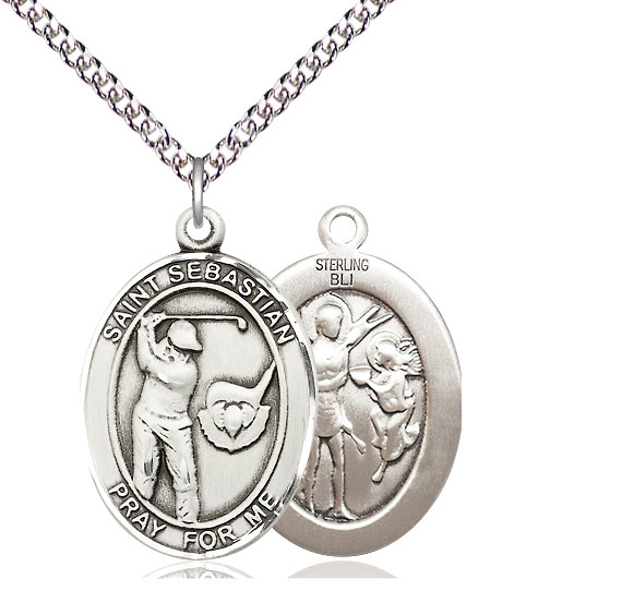 Sterling Silver Saint Sebastian Golf Pendant on a 24 inch Sterling Silver Heavy Curb chain