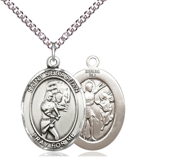 Sterling Silver Saint Sebastian Softball Pendant on a 24 inch Sterling Silver Heavy Curb chain