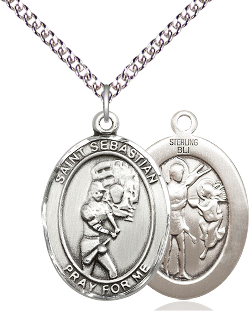 Sterling Silver Saint Sebastian Softball Pendant on a 24 inch Sterling Silver Heavy Curb chain