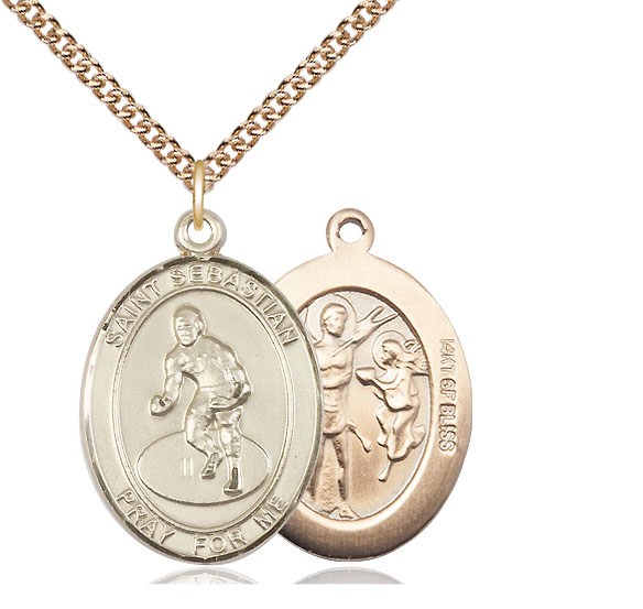 14kt Gold Filled Saint Sebastian Wrestling Pendant on a 24 inch Gold Filled Heavy Curb chain