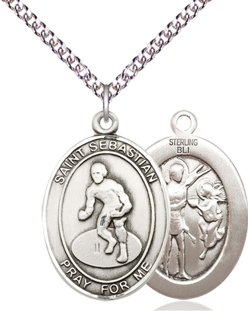 Sterling Silver Saint Sebastian Wrestling Pendant on a 24 inch Sterling Silver Heavy Curb chain
