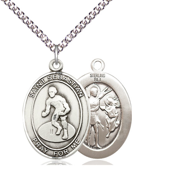 Sterling Silver Saint Sebastian Wrestling Pendant on a 24 inch Sterling Silver Heavy Curb chain