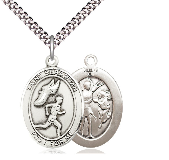 Sterling Silver Saint Sebastian Track and Field Pendant on a 24 inch Light Rhodium Heavy Curb chain