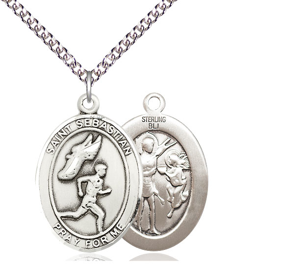 Sterling Silver Saint Sebastian Track and Field Pendant on a 24 inch Sterling Silver Heavy Curb chain