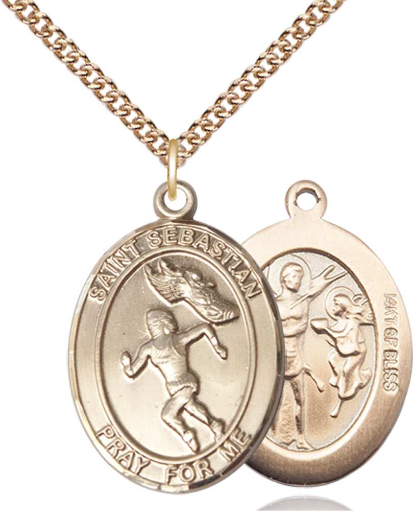 14kt Gold Filled Saint Sebastian Track and Field Pendant on a 24 inch Gold Filled Heavy Curb chain