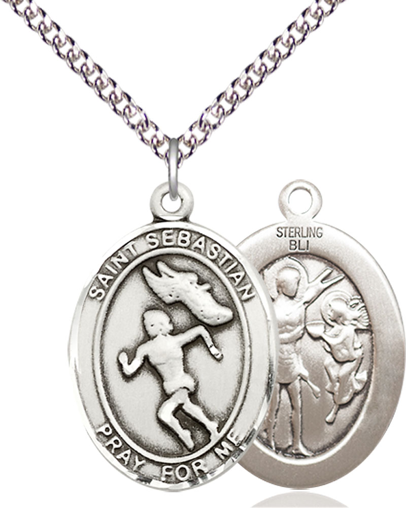 Sterling Silver Saint Sebastian Track and Field Pendant on a 24 inch Sterling Silver Heavy Curb chain