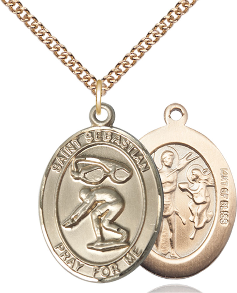 14kt Gold Filled Saint Sebastian Swimming Pendant on a 24 inch Gold Filled Heavy Curb chain