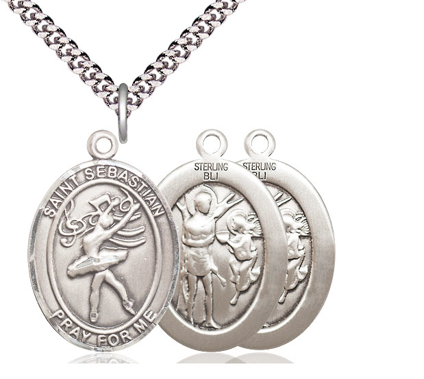 Sterling Silver Saint Sebastian Dance Pendant on a 24 inch Light Rhodium Heavy Curb chain