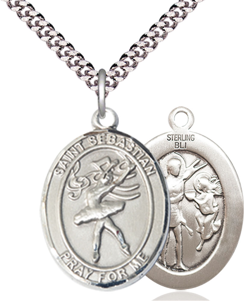 Sterling Silver Saint Sebastian Dance Pendant on a 24 inch Light Rhodium Heavy Curb chain