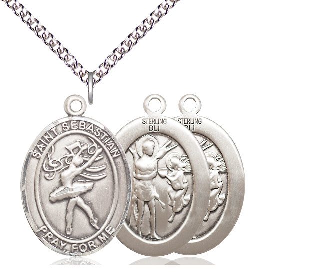 Sterling Silver Saint Sebastian Dance Pendant on a 24 inch Sterling Silver Heavy Curb chain