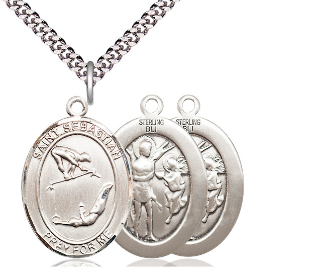 Sterling Silver Saint Sebastian Gymnastics Pendant on a 24 inch Light Rhodium Heavy Curb chain