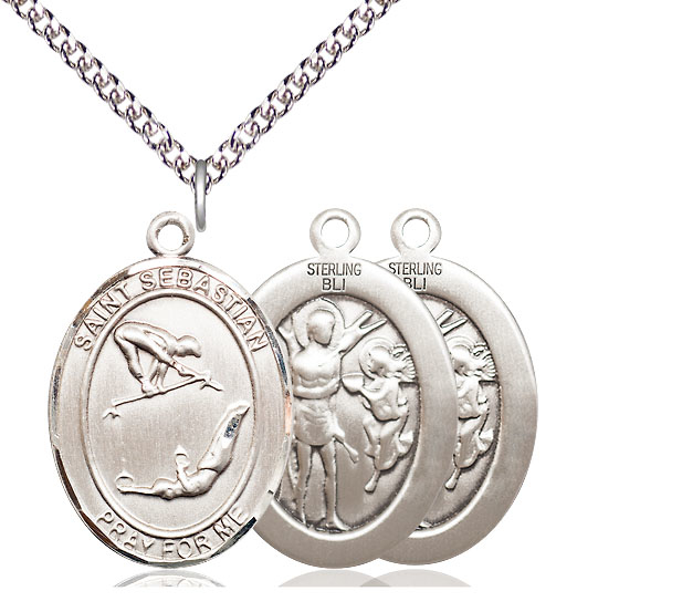 Sterling Silver Saint Sebastian Gymnastics Pendant on a 24 inch Sterling Silver Heavy Curb chain