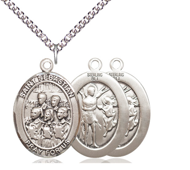 Sterling Silver Saint Sebastian Choir Pendant on a 24 inch Sterling Silver Heavy Curb chain