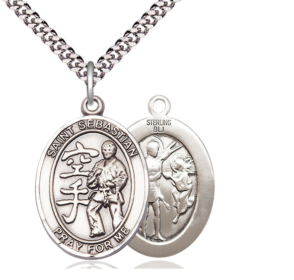 Sterling Silver Saint Sebastian Karate Pendant on a 24 inch Light Rhodium Heavy Curb chain