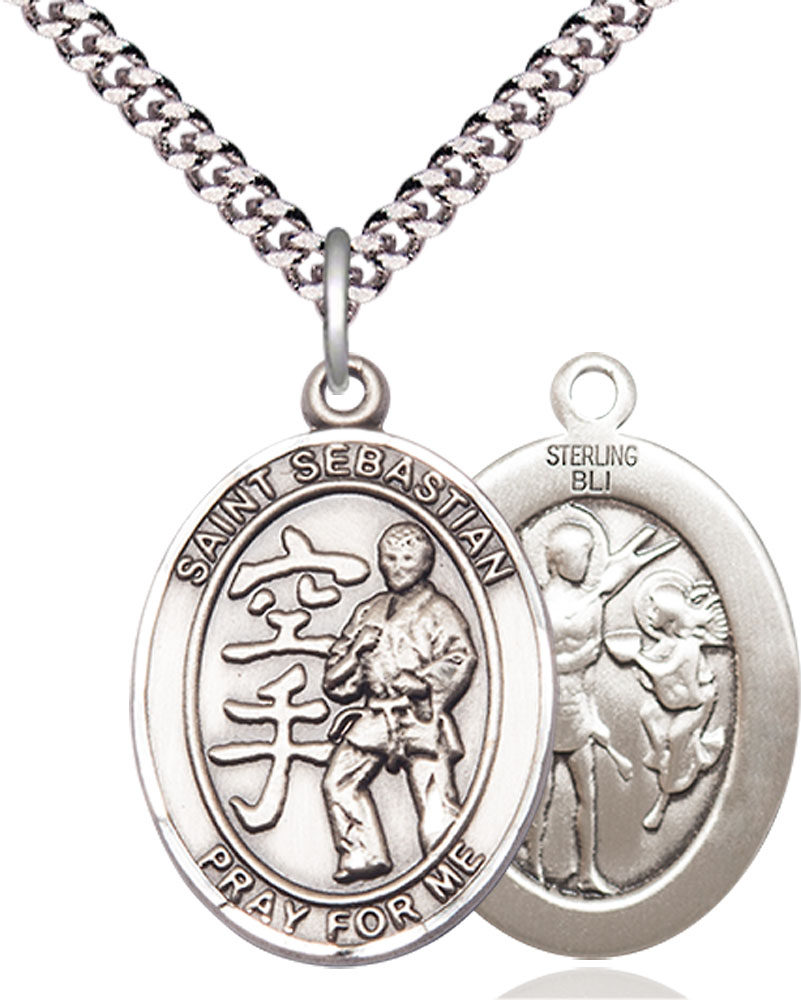 Sterling Silver Saint Sebastian Karate Pendant on a 24 inch Light Rhodium Heavy Curb chain