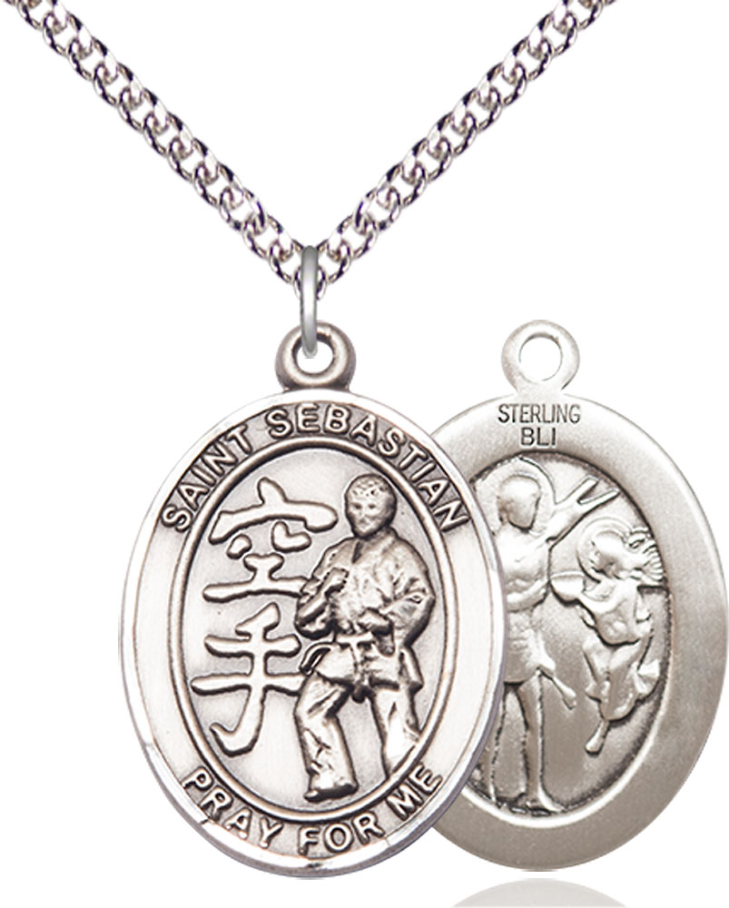 Sterling Silver Saint Sebastian Karate Pendant on a 24 inch Sterling Silver Heavy Curb chain