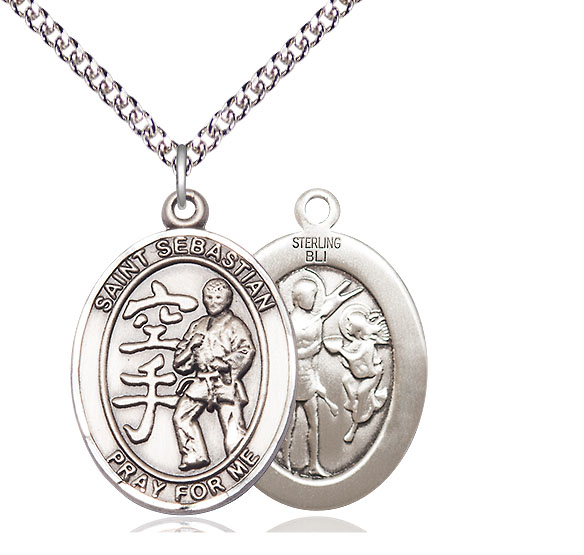 Sterling Silver Saint Sebastian Karate Pendant on a 24 inch Sterling Silver Heavy Curb chain