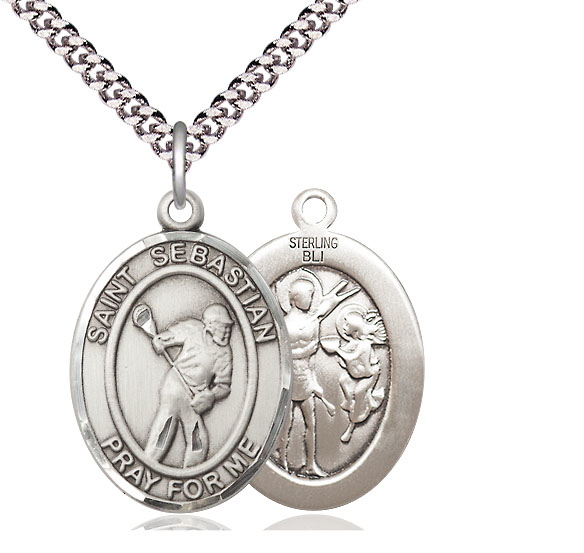 Sterling Silver Saint Sebastian Lacrosse Pendant on a 24 inch Light Rhodium Heavy Curb chain