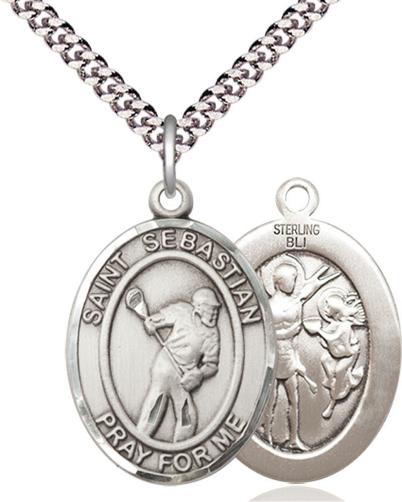 Sterling Silver Saint Sebastian Lacrosse Pendant on a 24 inch Light Rhodium Heavy Curb chain