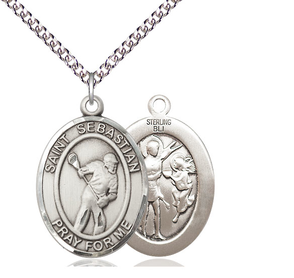 Sterling Silver Saint Sebastian Lacrosse Pendant on a 24 inch Sterling Silver Heavy Curb chain