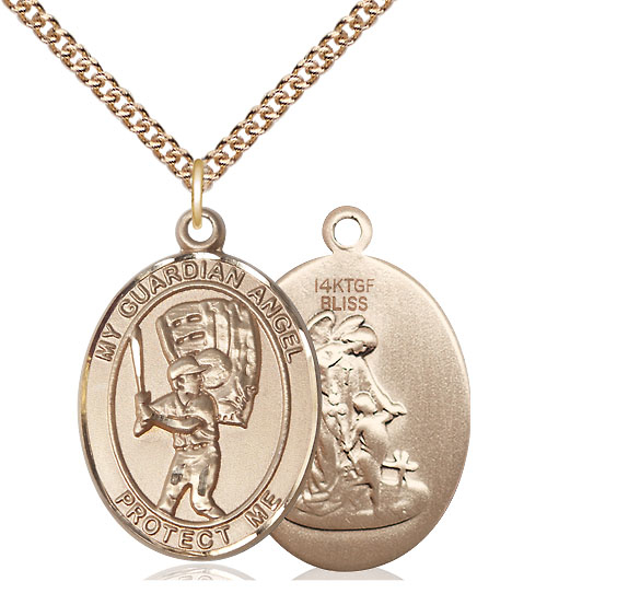 14kt Gold Filled Guardian Angel Baseball Pendant on a 24 inch Gold Filled Heavy Curb chain