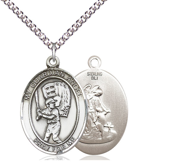 Sterling Silver Guardian Angel Baseball Pendant on a 24 inch Sterling Silver Heavy Curb chain