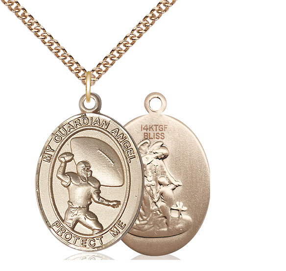 14kt Gold Filled Guardian Angel Football Pendant on a 24 inch Gold Filled Heavy Curb chain