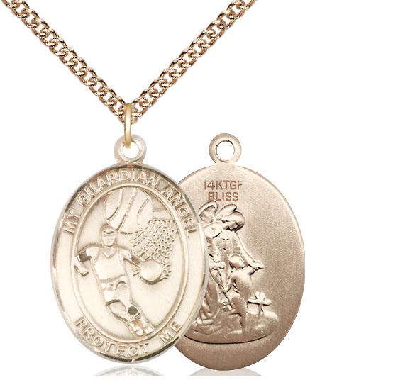 14kt Gold Filled Guardian Angel Basketball Pendant on a 24 inch Gold Filled Heavy Curb chain