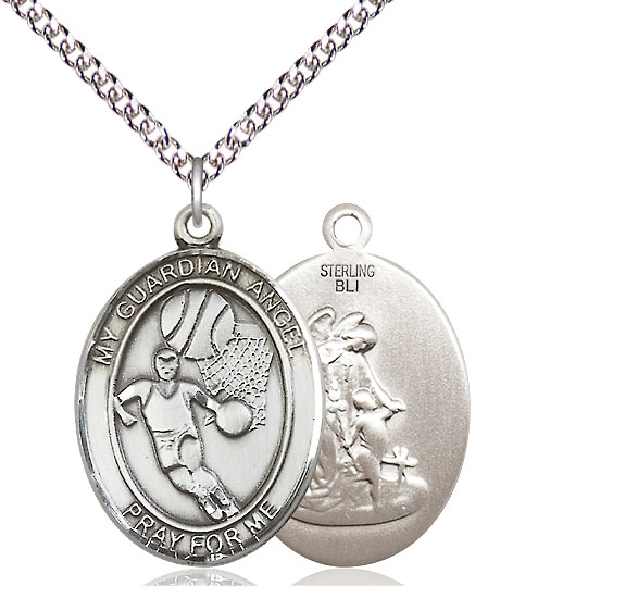 Sterling Silver Guardian Angel Basketball Pendant on a 24 inch Sterling Silver Heavy Curb chain