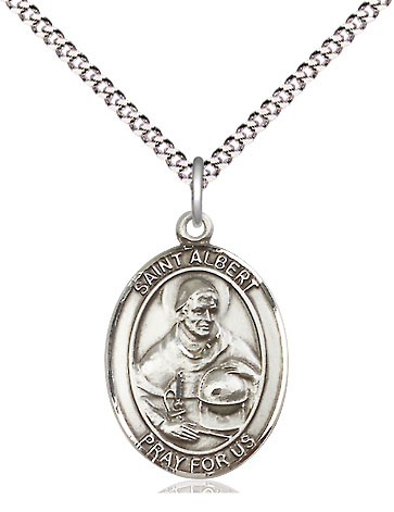 Sterling Silver Saint Albert the Great Pendant on a 18 inch Light Rhodium Light Curb chain