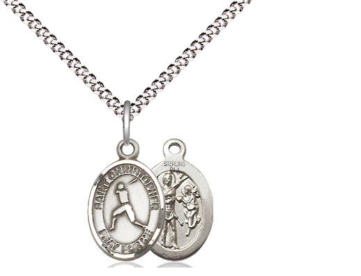 Sterling Silver Saint Christopher Baseball Pendant on a 18 inch Light Rhodium Light Curb chain