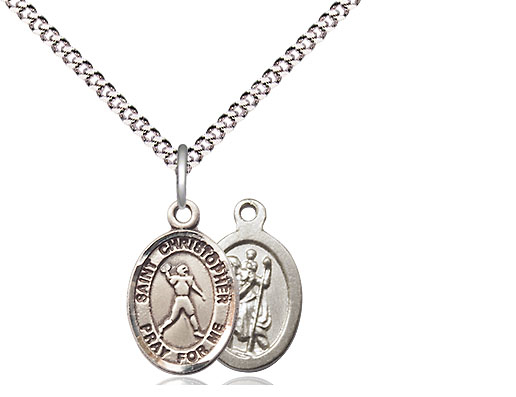 Sterling Silver Saint Christopher Football Pendant on a 18 inch Light Rhodium Light Curb chain