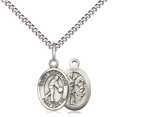 Sterling Silver Saint Sebastian Basketball Pendant on a 18 inch Light Rhodium Light Curb chain